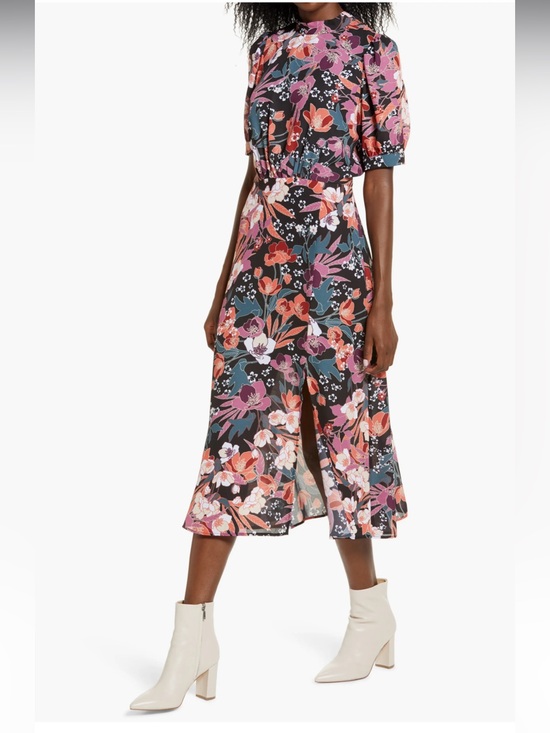 julia jordan Dresses & Skirts - Julia Jordan  Puff Sleeve Midi Dress Black with Orange & Purple Floral Print S2